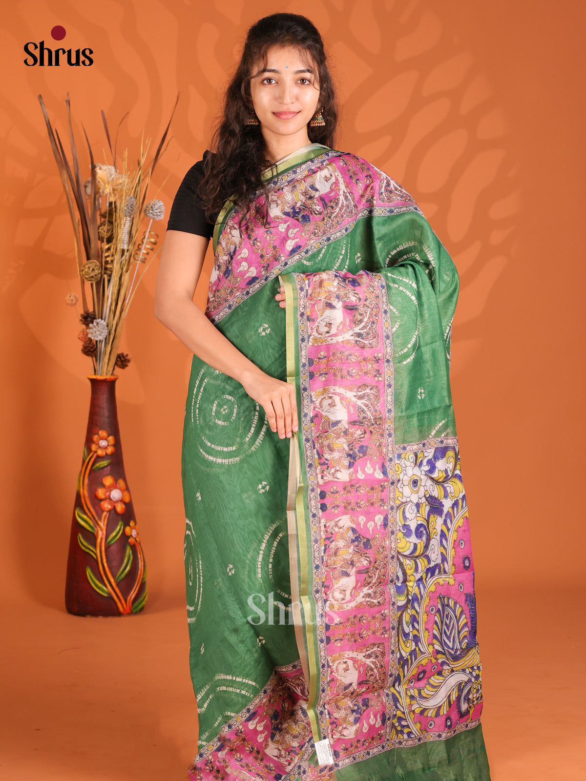 Green & Pink - Semi Maheshwari Print Saree - Shop on Shrus.com