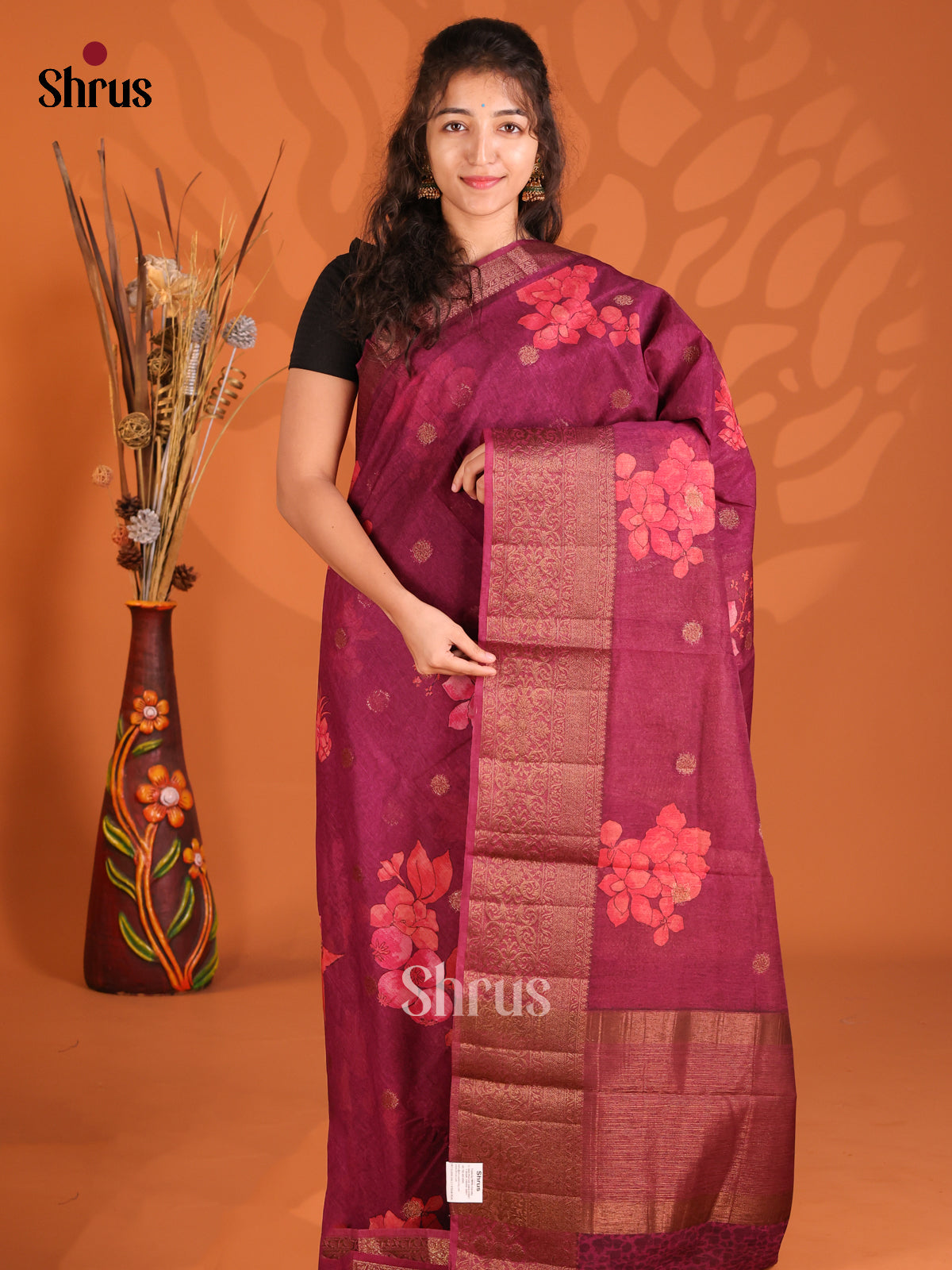 Purple -Semi Linen printed Saree - Shop on Shrus.com