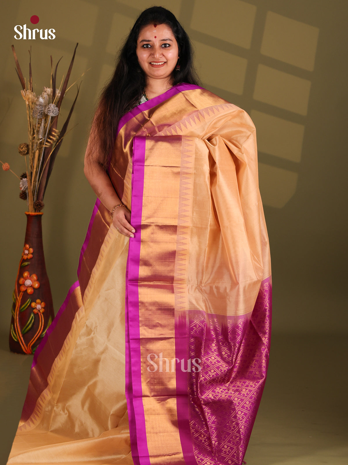 Beige & Purple  Silk Cotton Saree with tissue zari border - Shop on Shrus.com