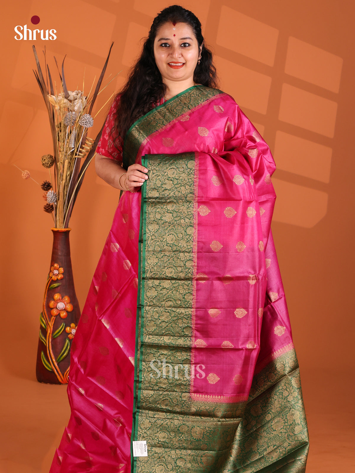 Pink & Green - Tussar Saree - Shop on Shrus.com