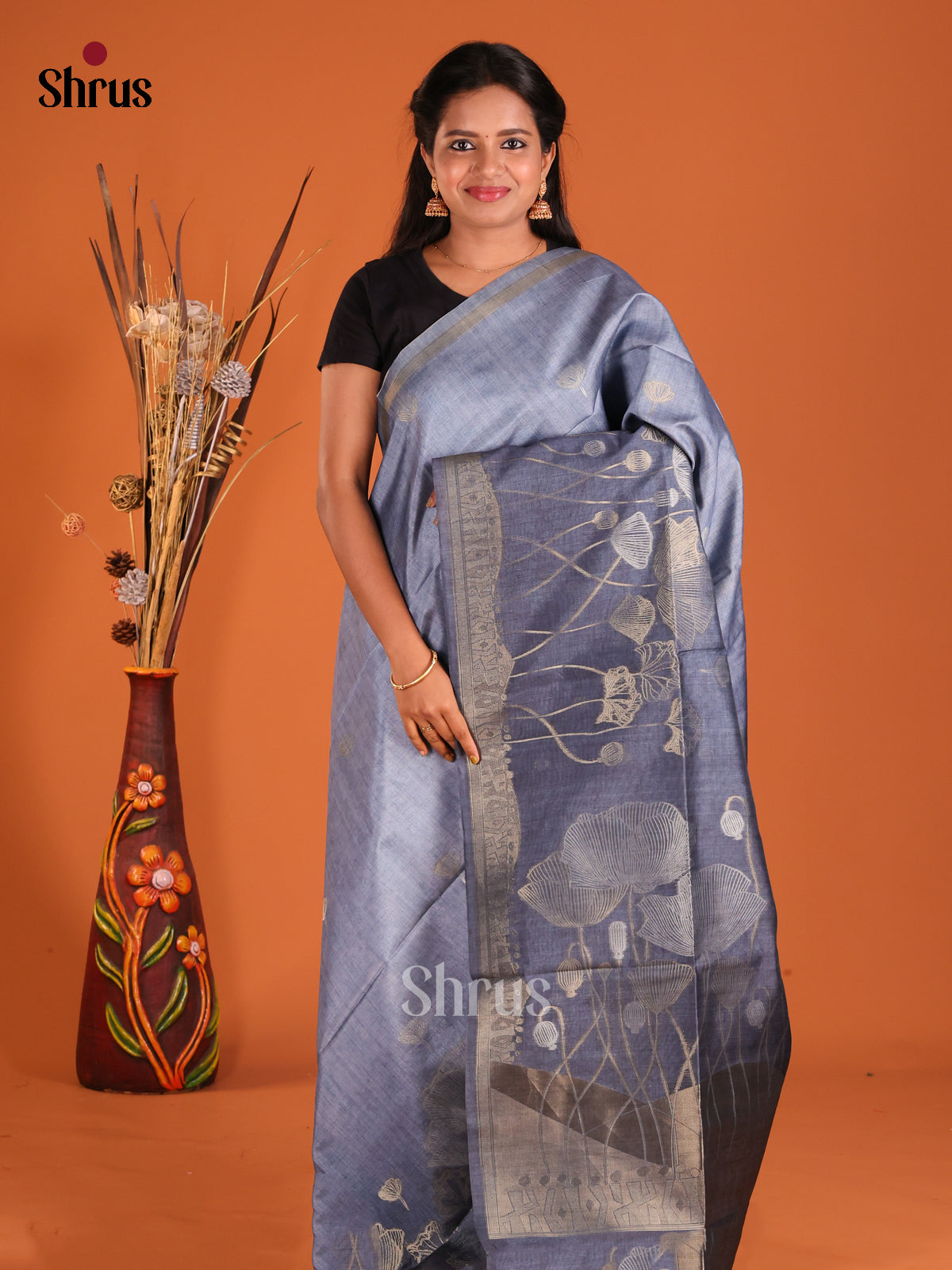 Grey - Semi Tussar Saree