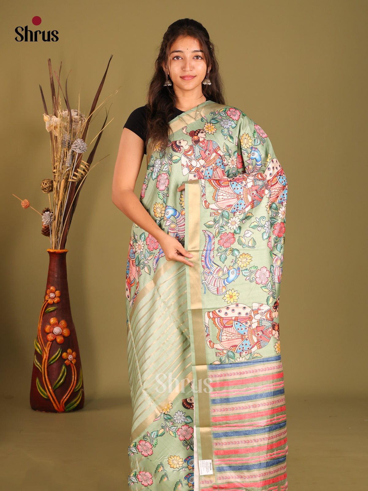 Pista Green- Semi matka Saree - Shop on Shrus.com