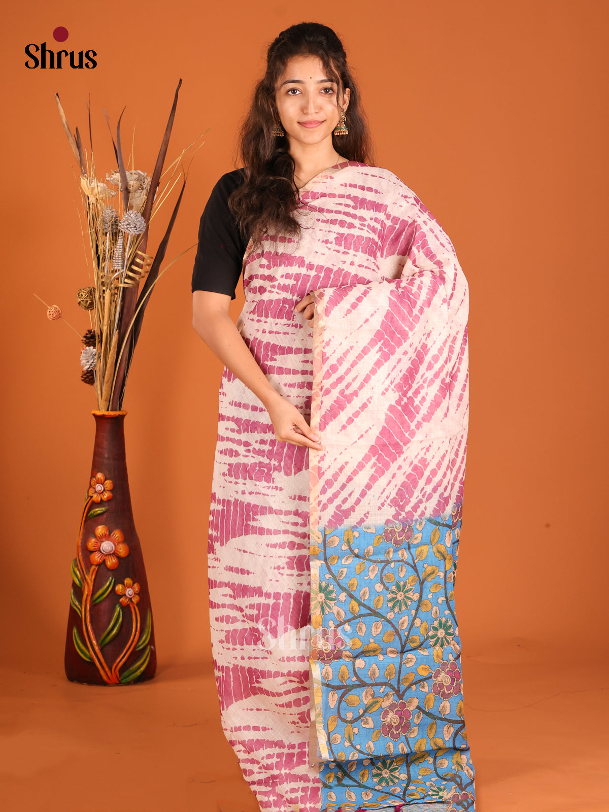 Pink & Blue - Linen Cotton Saree