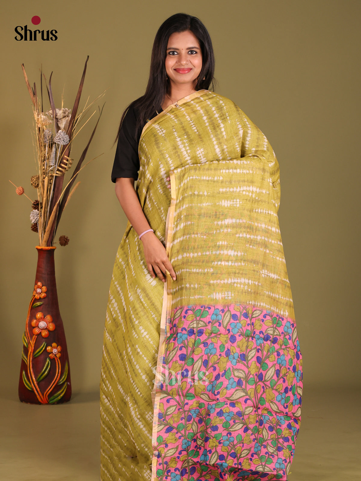 Green & Pink - Linen Cotton Saree - Shop on Shrus.com