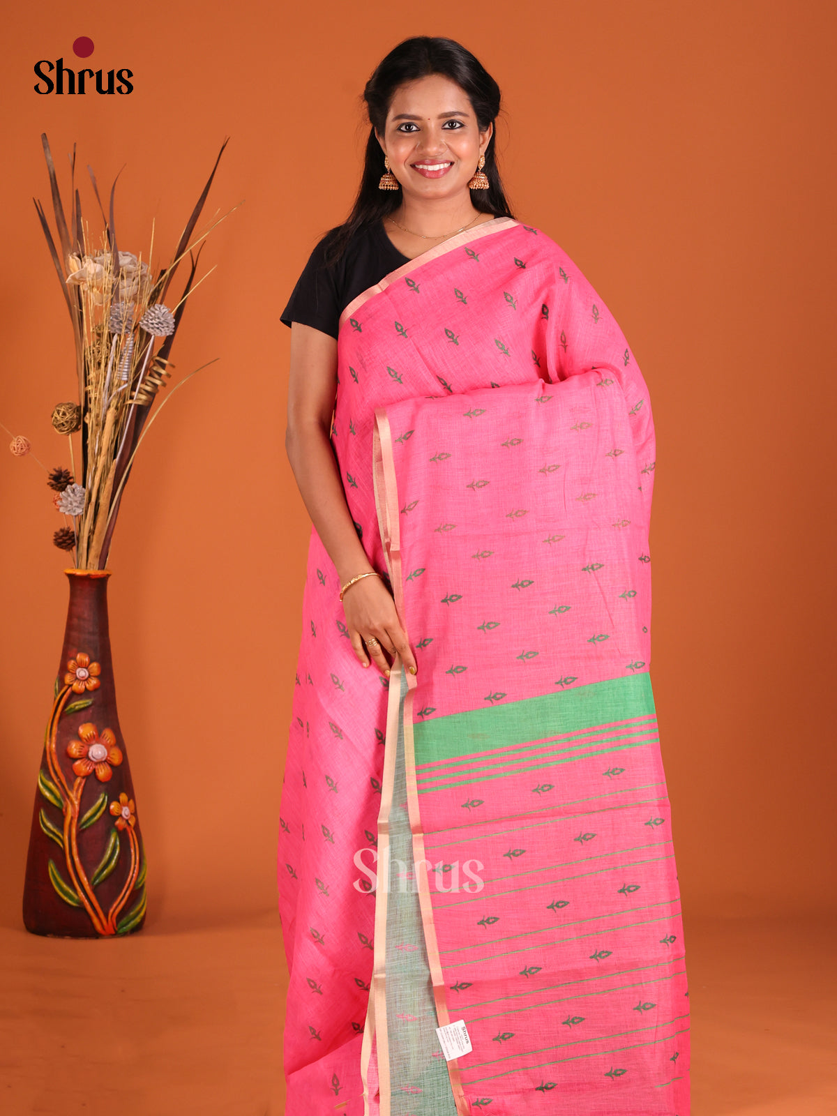 Pink & Green - Linen Cotton Saree - Shop on Shrus.com