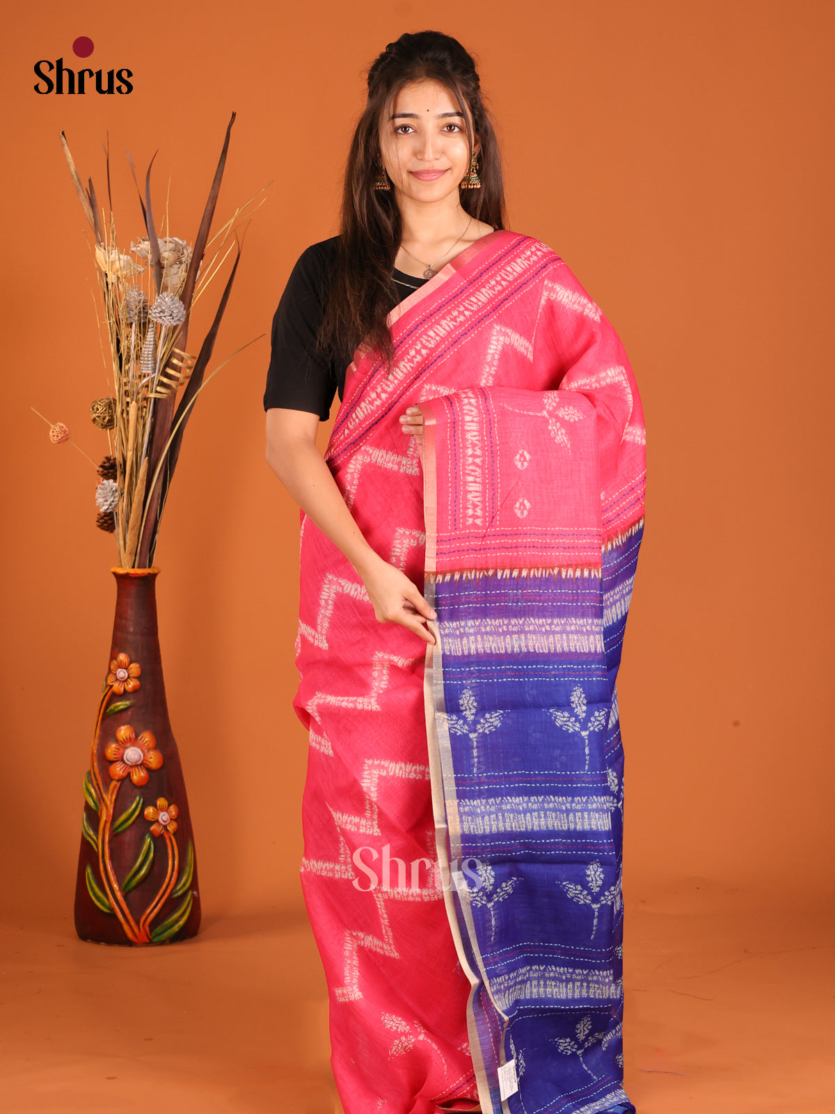 Pink & Blue- Linen Cotton Saree - Shop on Shrus.com