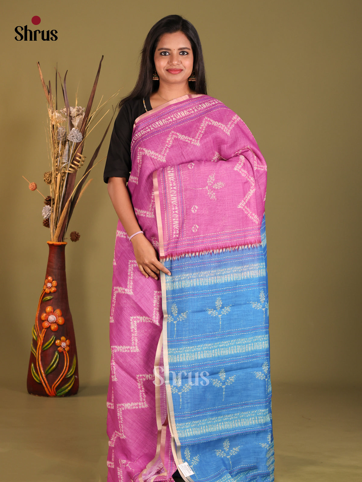 Pink & Blue - Linen Cotton Saree - Shop on Shrus.com