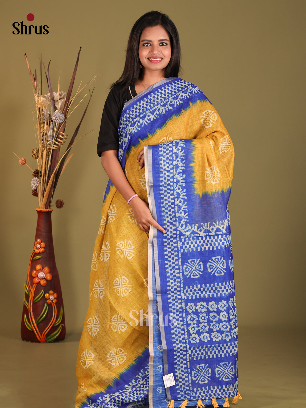 Yellow & Blue - Linen Cotton Saree - Shop on Shrus.com