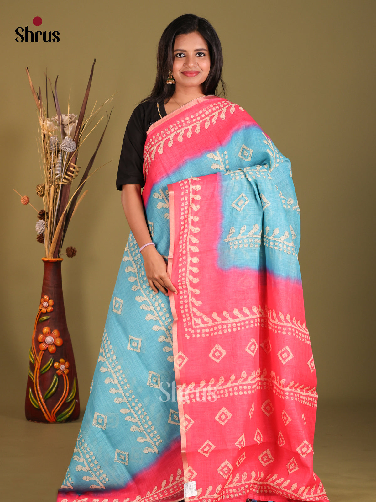 Blue & Pink - Linen Cotton Saree