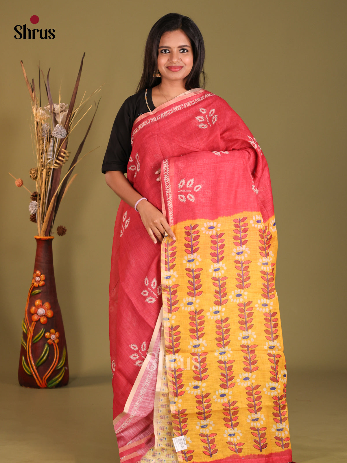 Red & Yellow - Linen Cotton Saree - Shop on Shrus.com