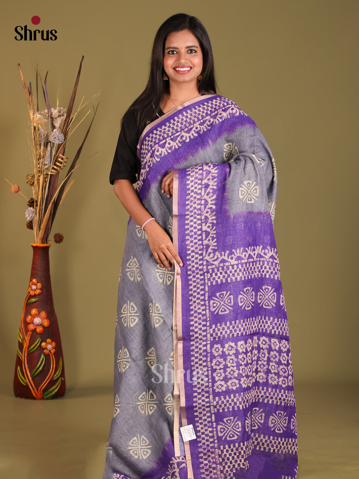 Grey & Purple - Linen Cotton Saree - Shop on Shrus.com