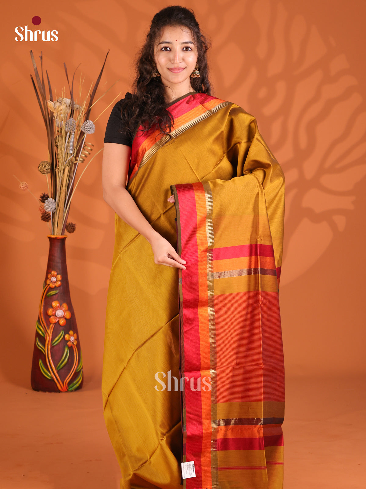 Mustard & Red - Maheshwari silkcotton Saree - Shop on Shrus.com
