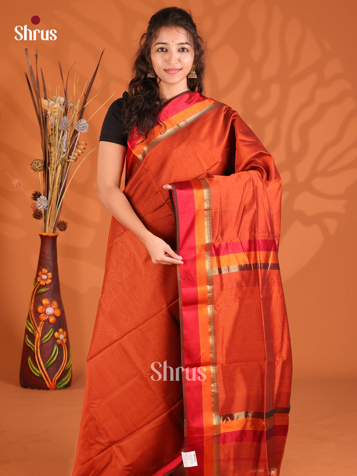 Mustard & Red - Maheshwari silkcotton Saree - Shop on Shrus.com