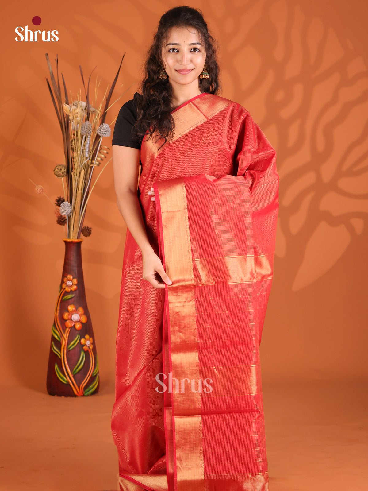 Red(Single tone) - Maheshwari silkcotton Saree - Shop on Shrus.com