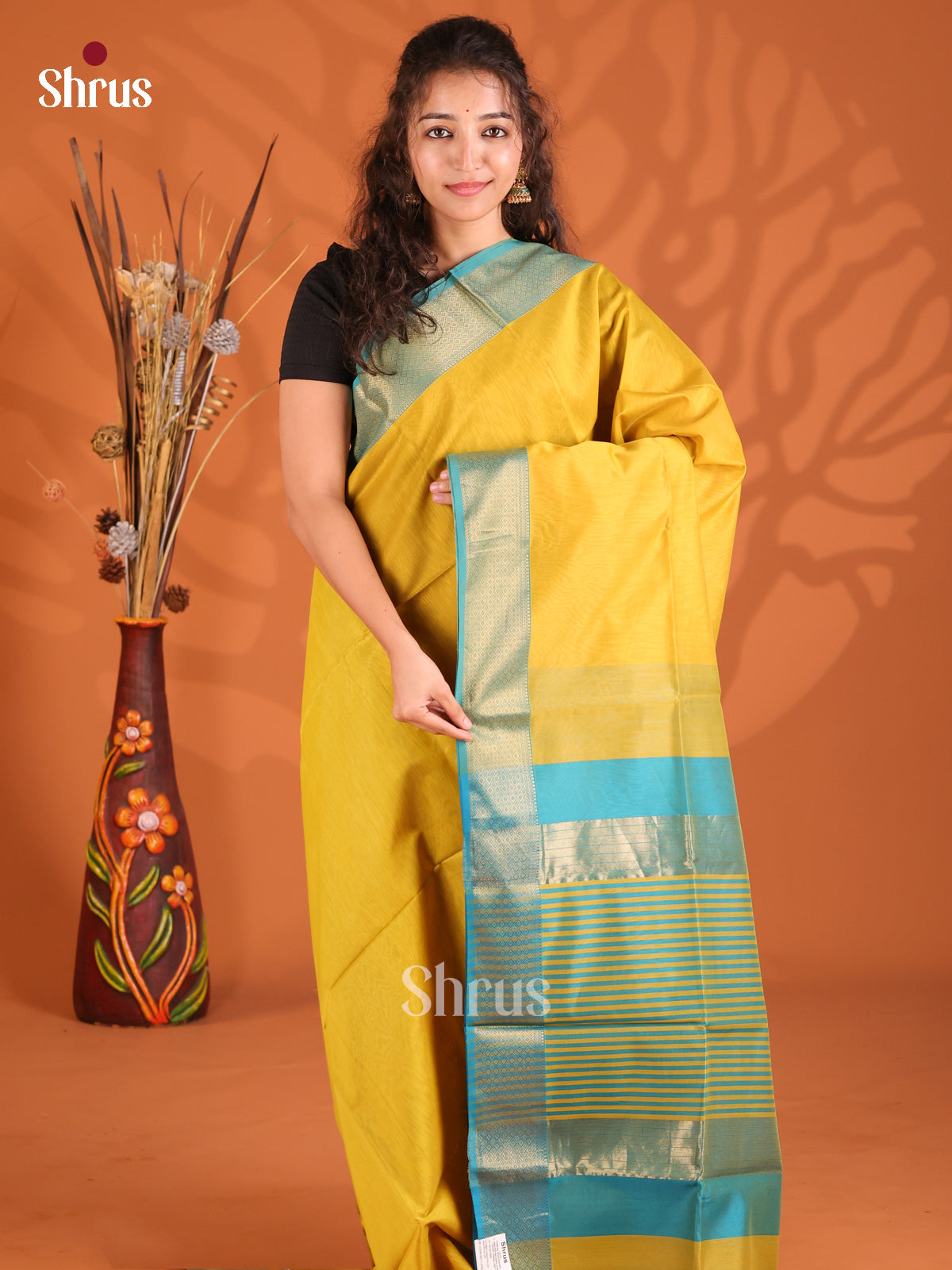 Yellow & Blue - Maheshwari silkcotton Saree - Shop on Shrus.com