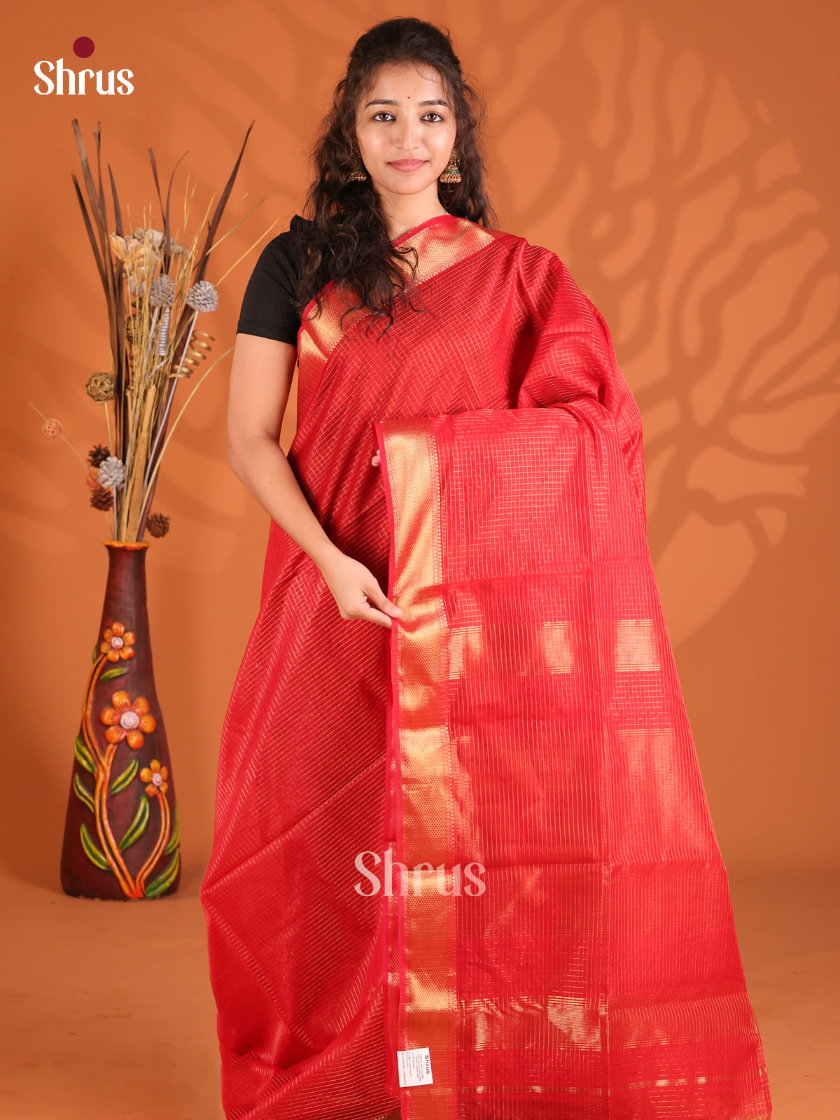 Red(Single Tone) - Maheshwari silkcotton Saree - Shop on Shrus.com