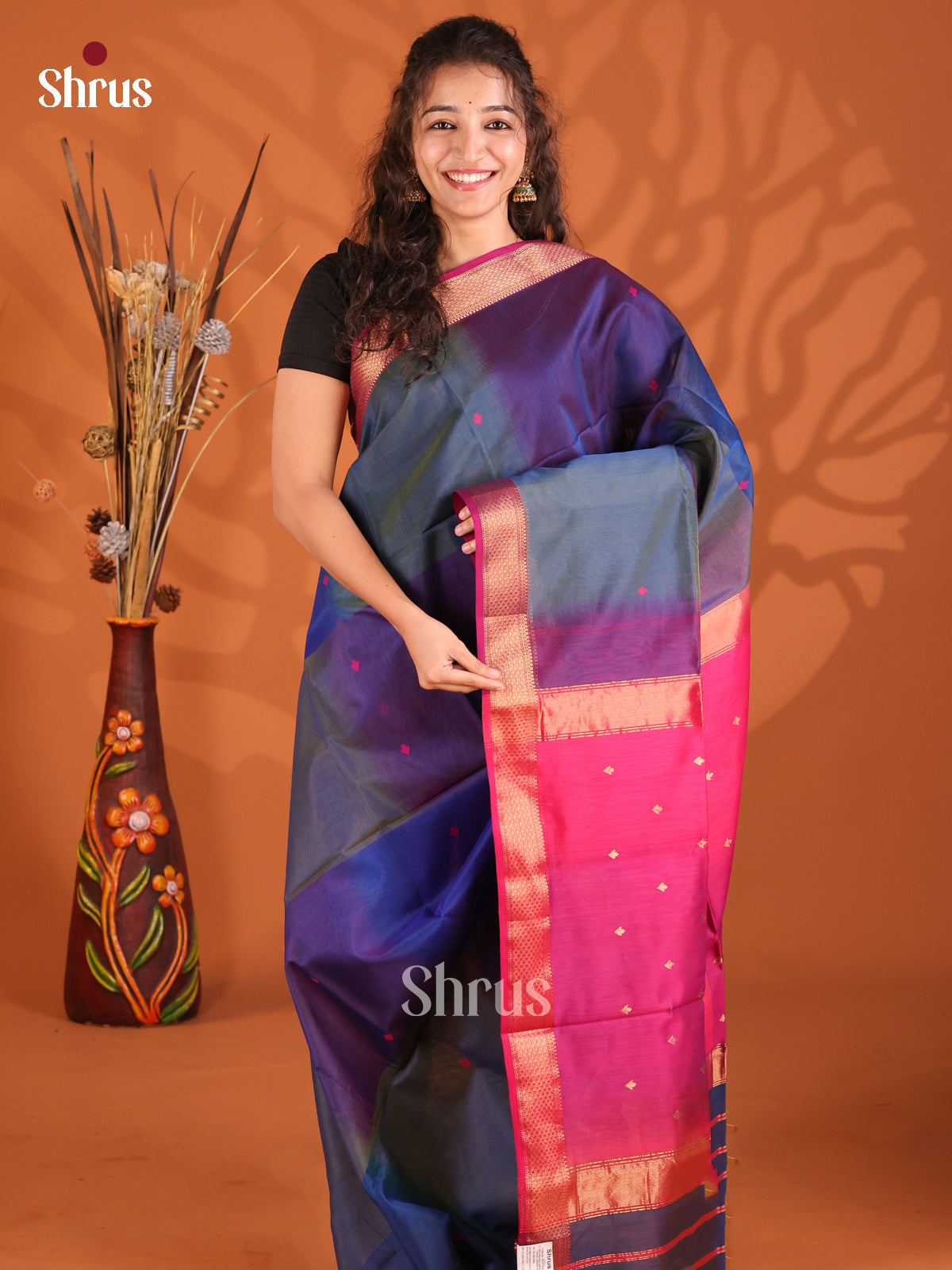 Blue & Pink - Maheshwari silkcotton Saree