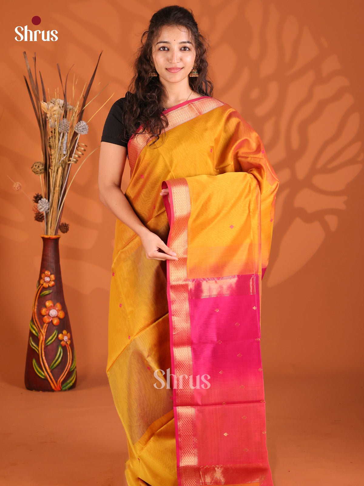 Mustard &  Pink - Maheshwari silkcotton Saree - Shop on Shrus.com
