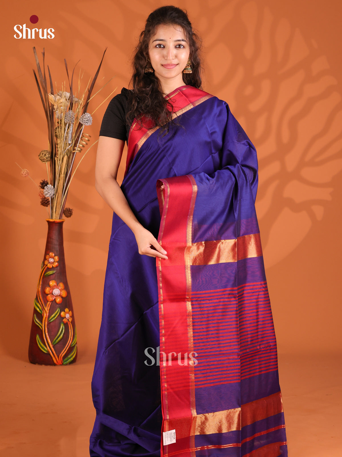 Blue & Red - Maheshwari silkcotton Saree