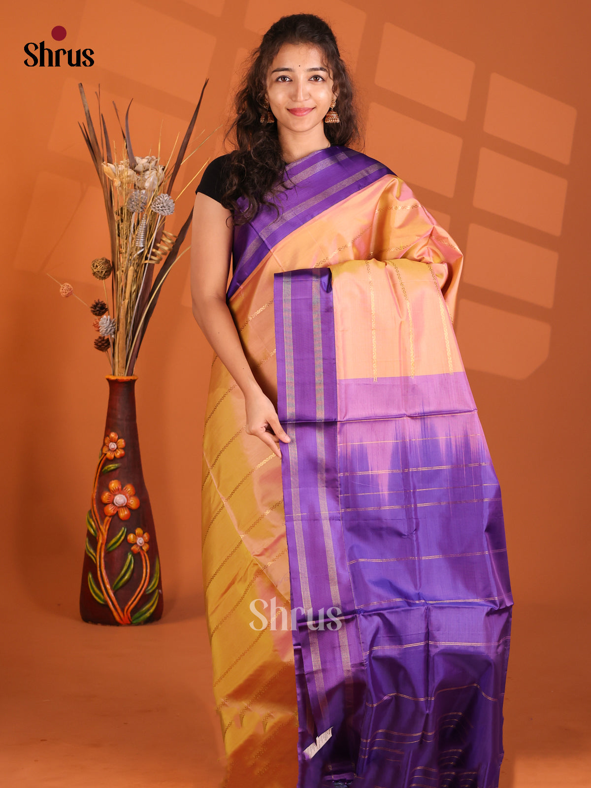 Dark Mustard & Violet - Banana Pith Saree - Shop on Shrus.com