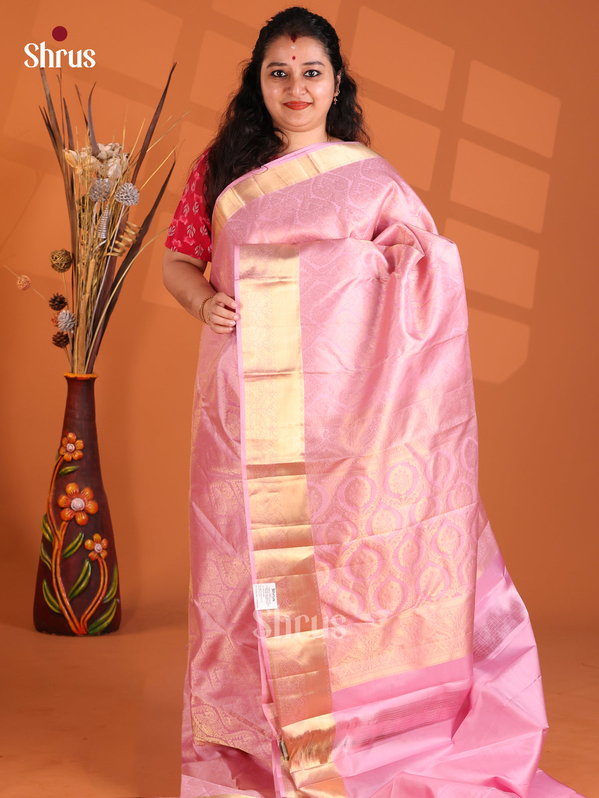 Lustrous Pink Kanchipuram silk Saree with gold zari floral  brocade - Shop on Shrus.com
