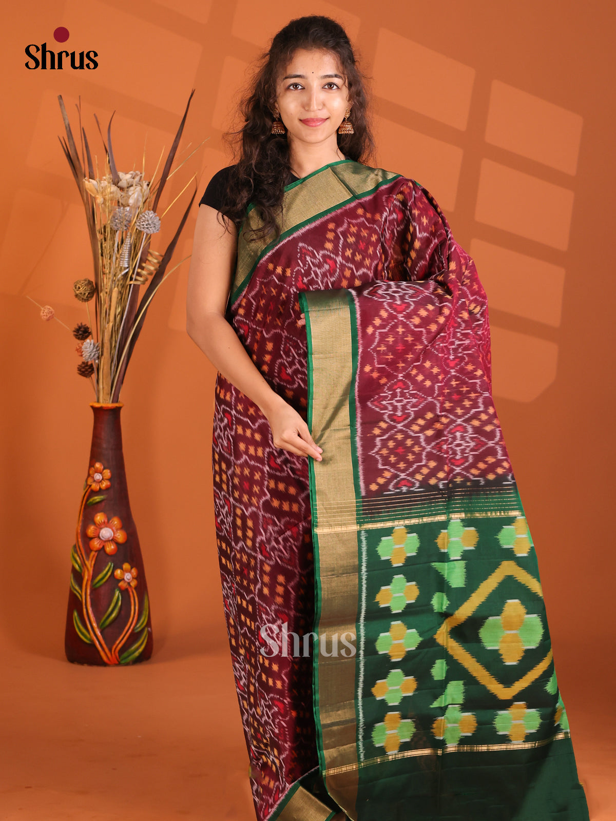 Maroon & Green - Pochampally sico Saree - Shop on Shrus.com