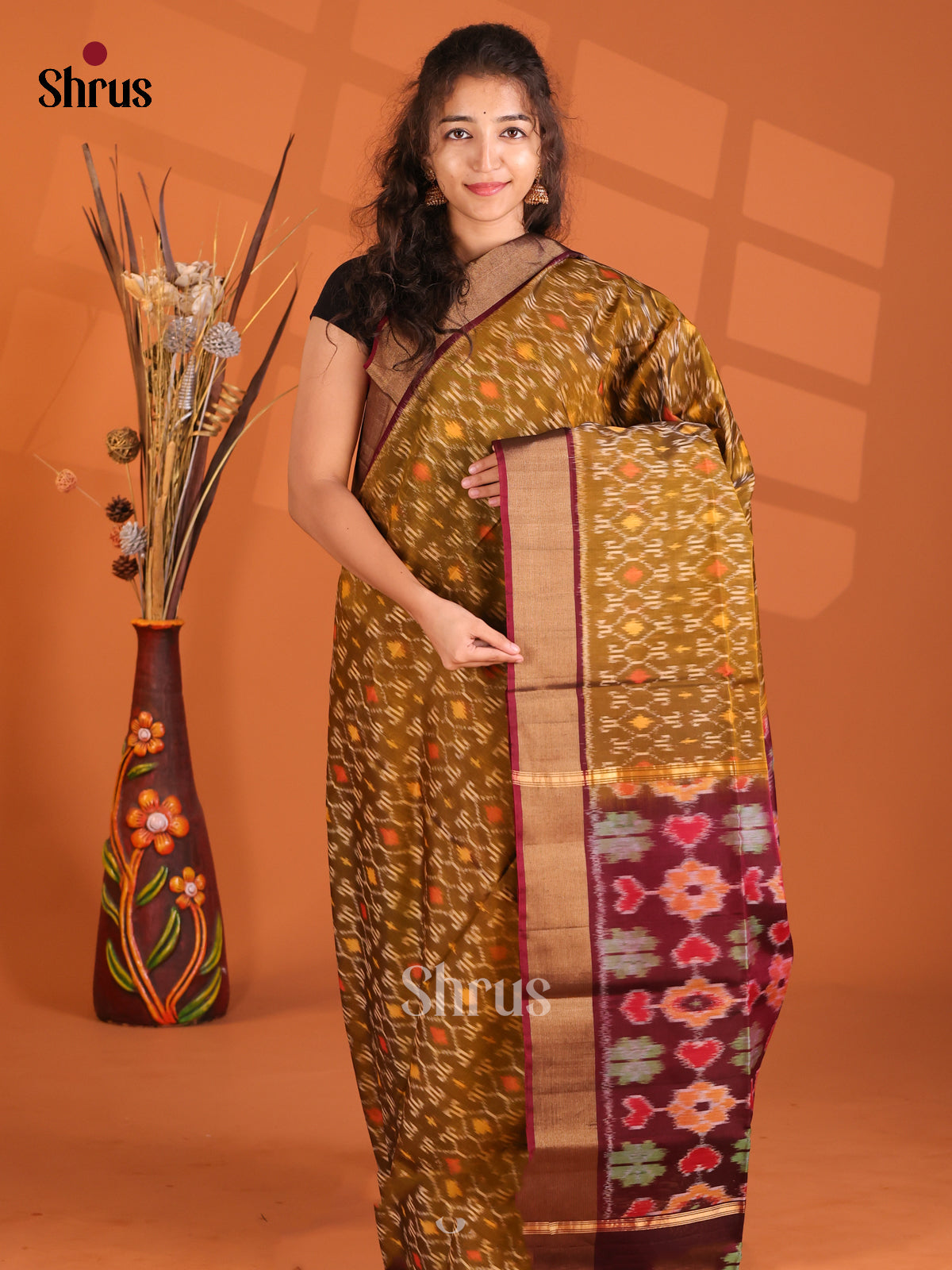 Mehandi Green & Maroon - Pochampally sico Saree - Shop on Shrus.com