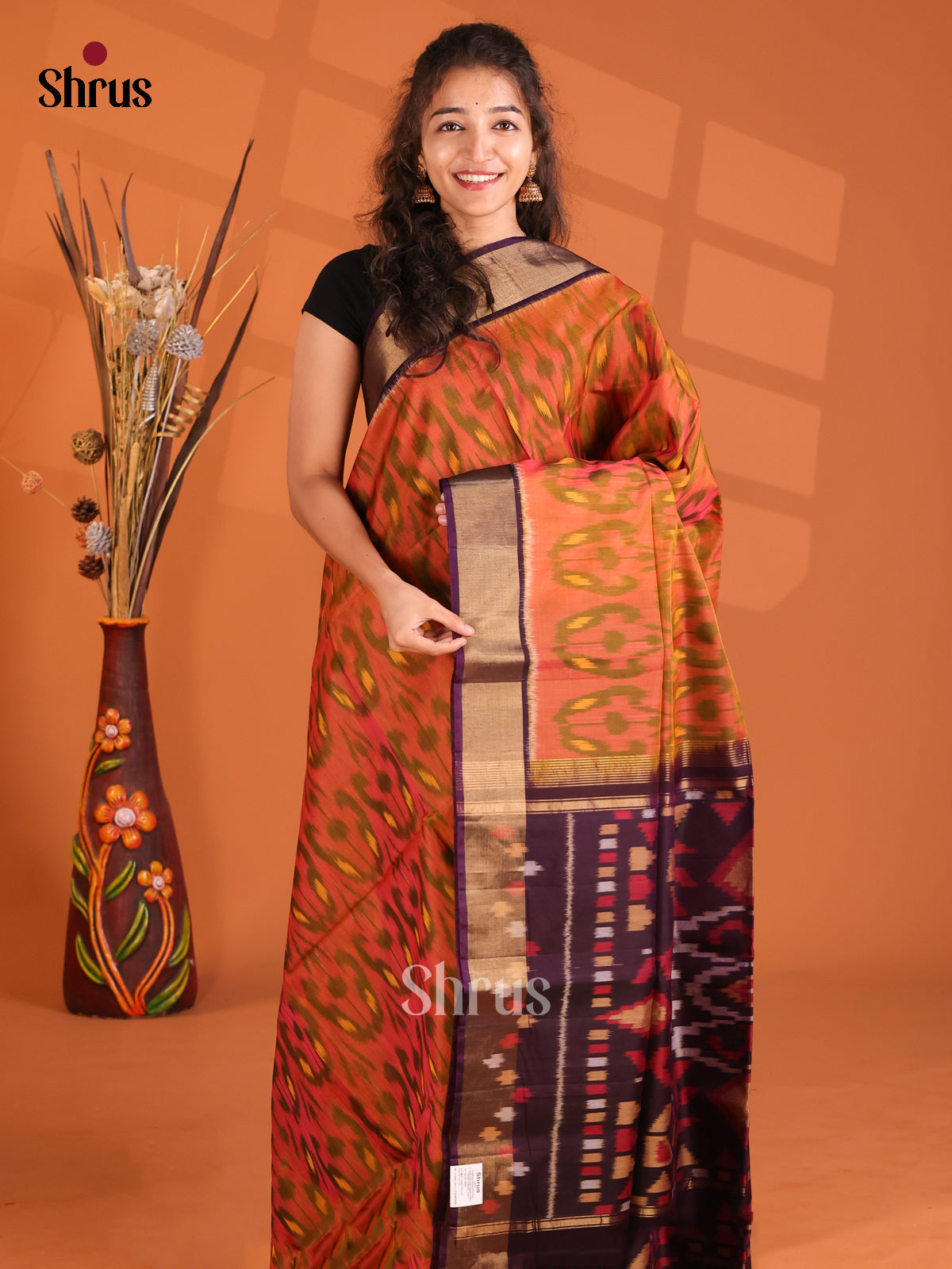 Orange & Violet - Pochampally sico Saree - Shop on Shrus.com