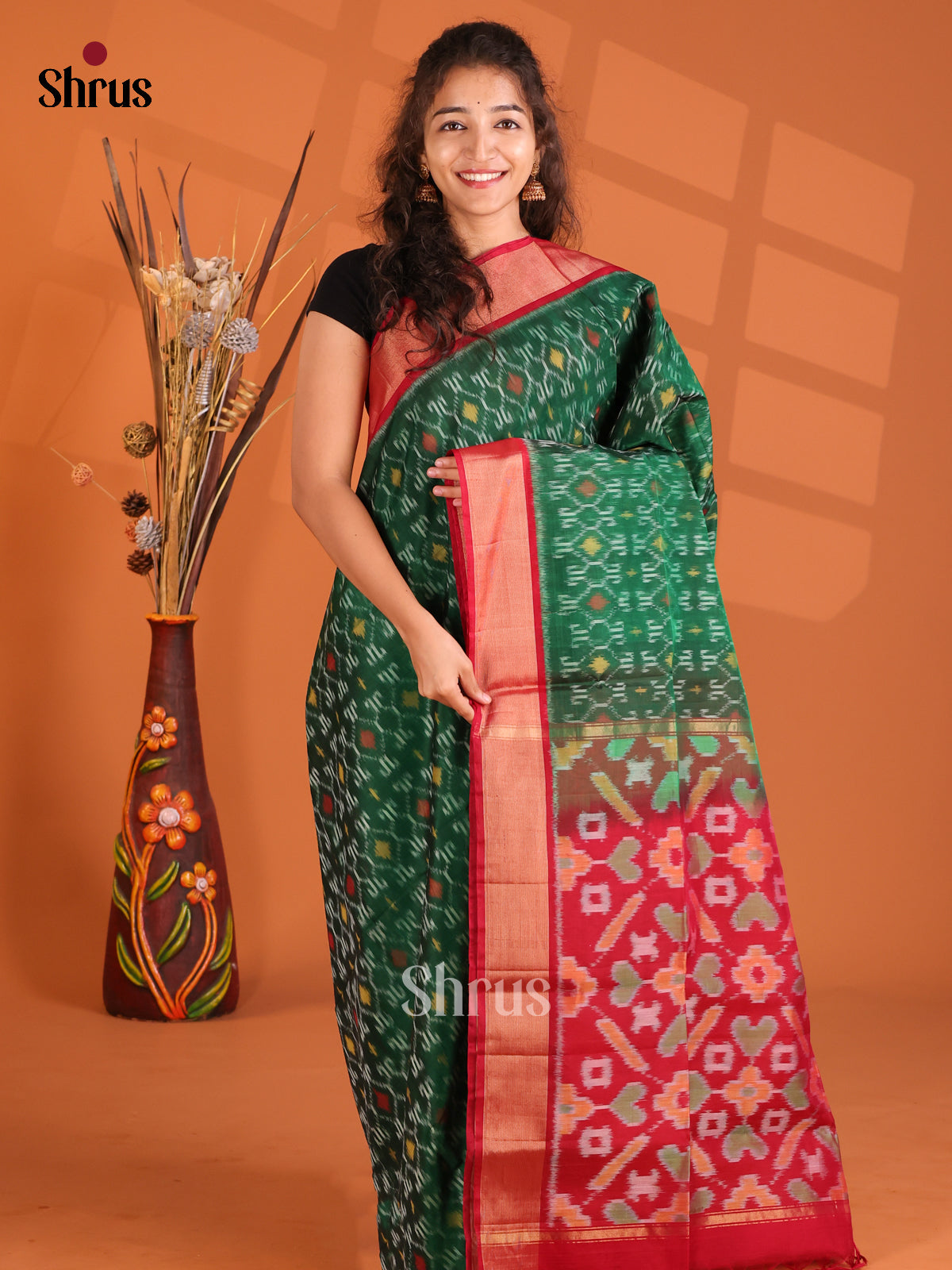 Green & Red - Pochampally sico Saree - Shop on Shrus.com