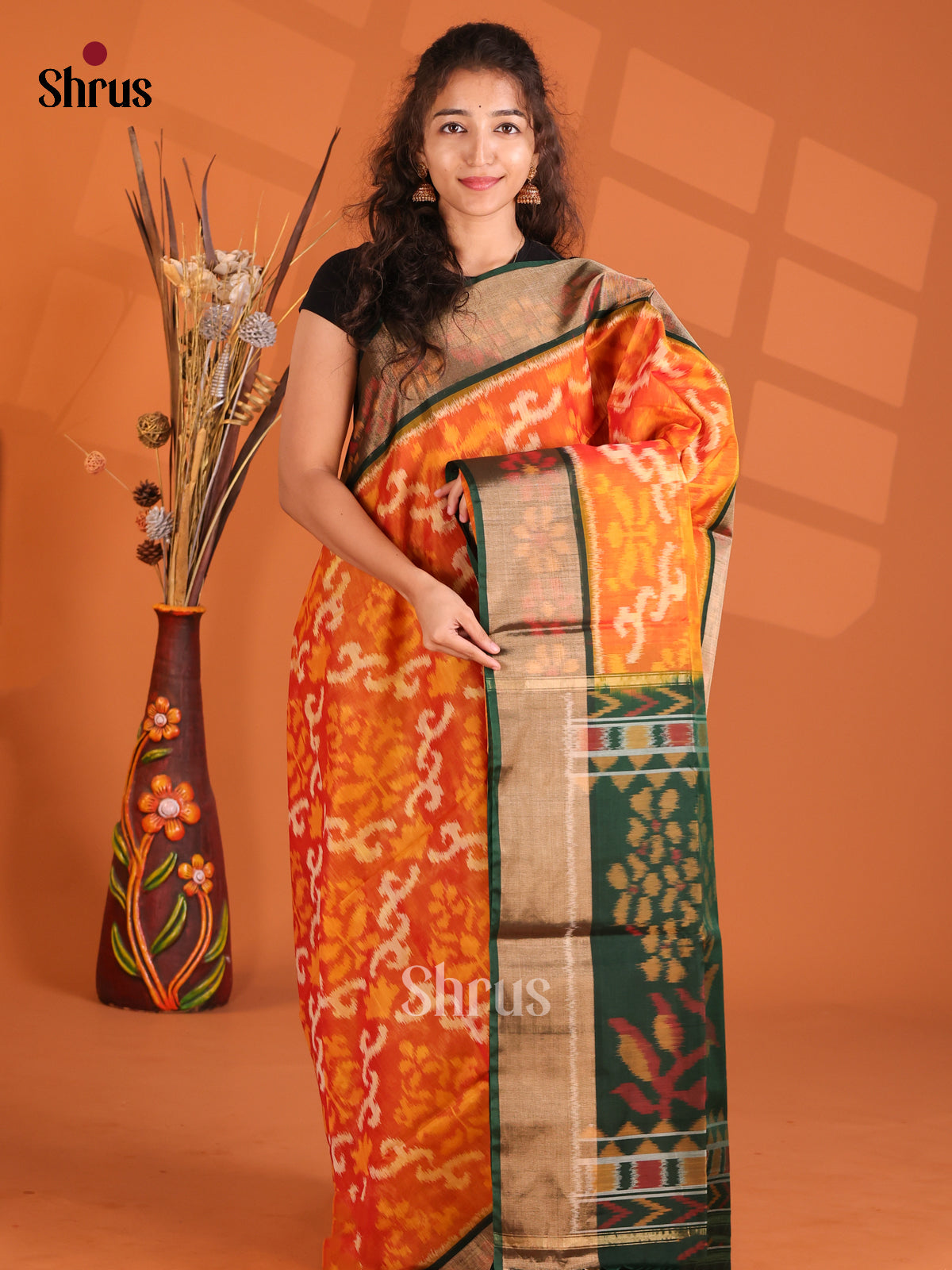 Orange & Green - Pochampally sico Saree - Shop on Shrus.com