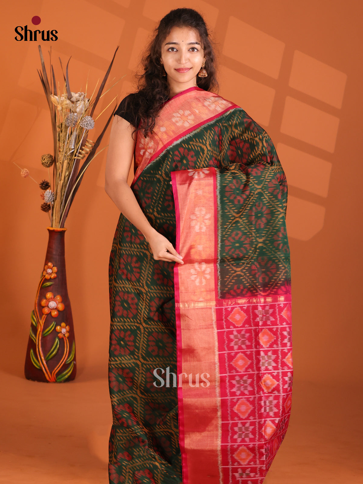 Dark Green & Red - Pochampally sico Saree - Shop on Shrus.com