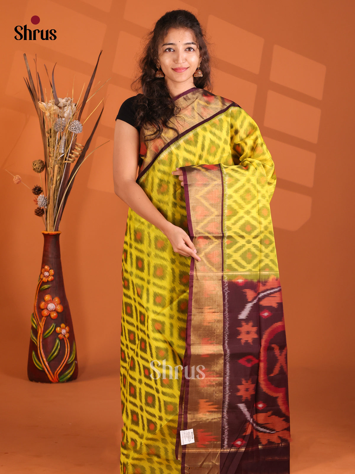 Lime Green & Maroon- Pochampally sico Saree - Shop on Shrus.com