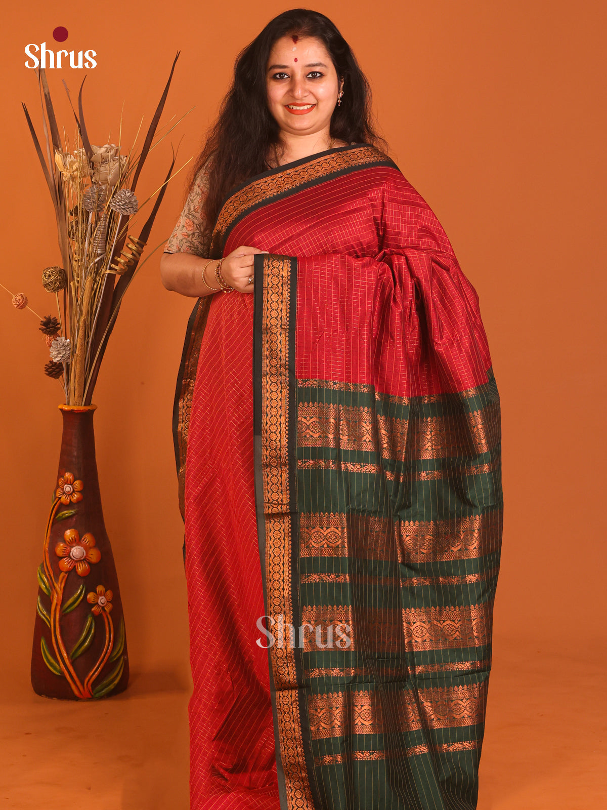 Red & Green - Kalyani Cotton Saree - Shop on Shrus.com
