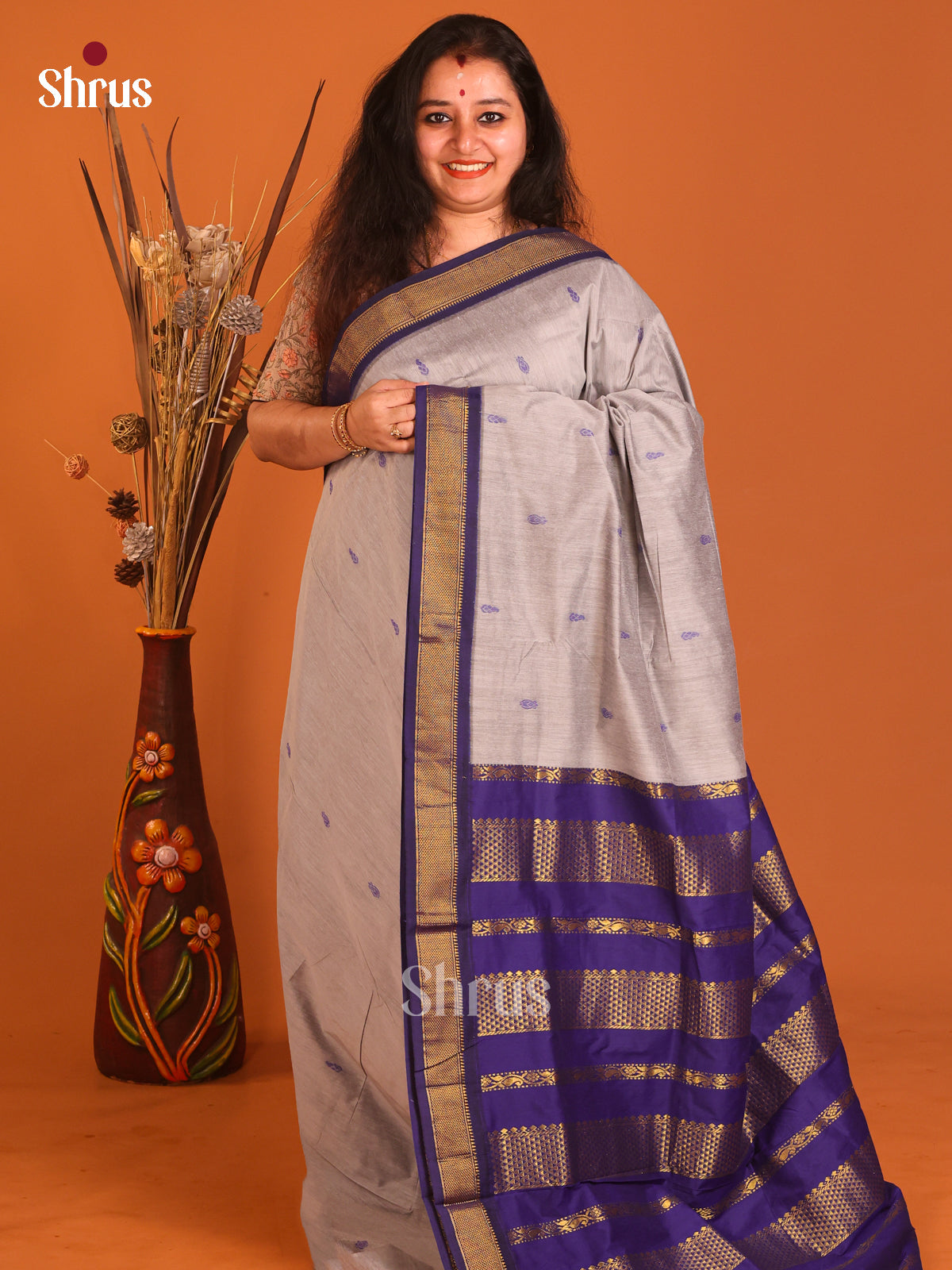 Grey & Blue- Kalyani Cotton Saree - Shop on Shrus.com