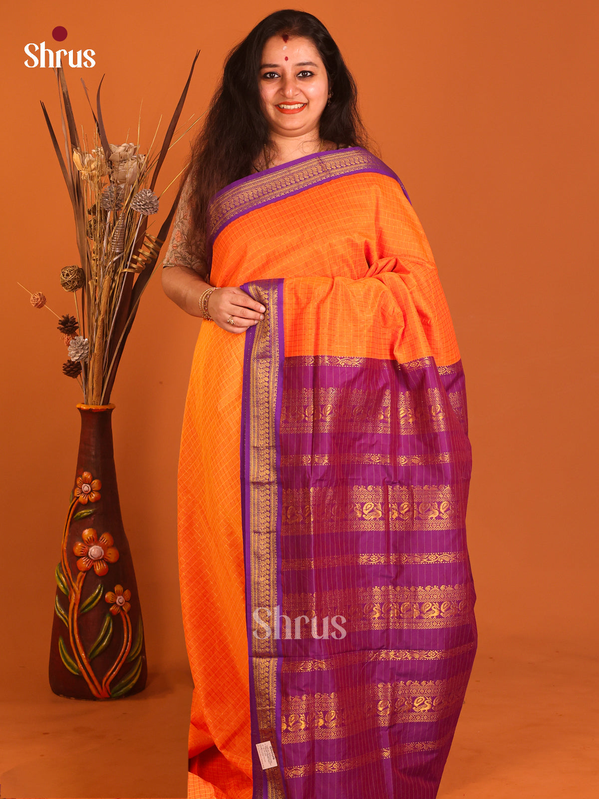 Orange & Purple - Kalyani Cotton Saree - Shop on Shrus.com