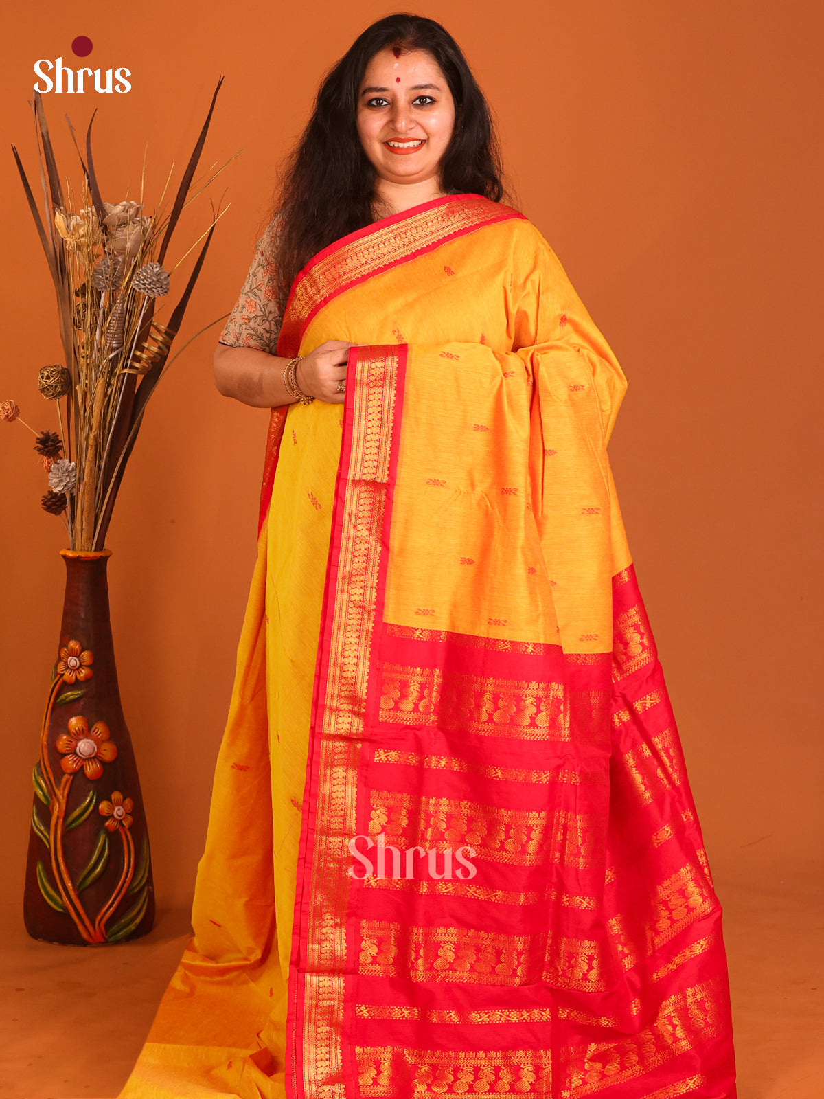 Yellow & Red - Kalyani Cotton Saree - Shop on Shrus.com