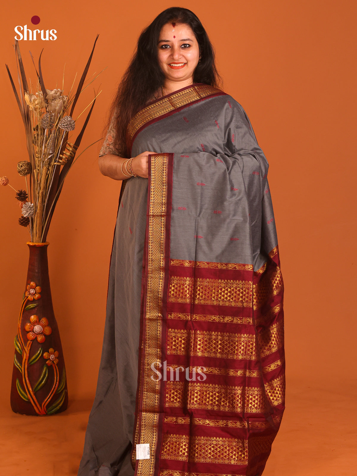 Grey & Maroon - Kalyani Cotton Saree - Shop on Shrus.com