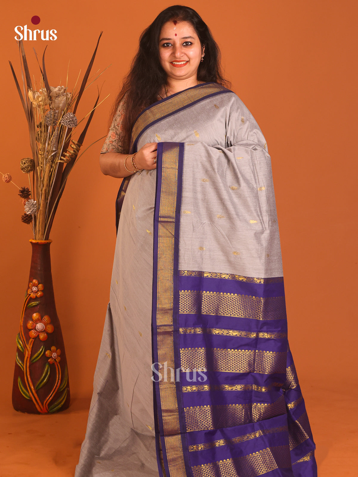 Grey & Blue- Kalyani Cotton Saree - Shop on Shrus.com