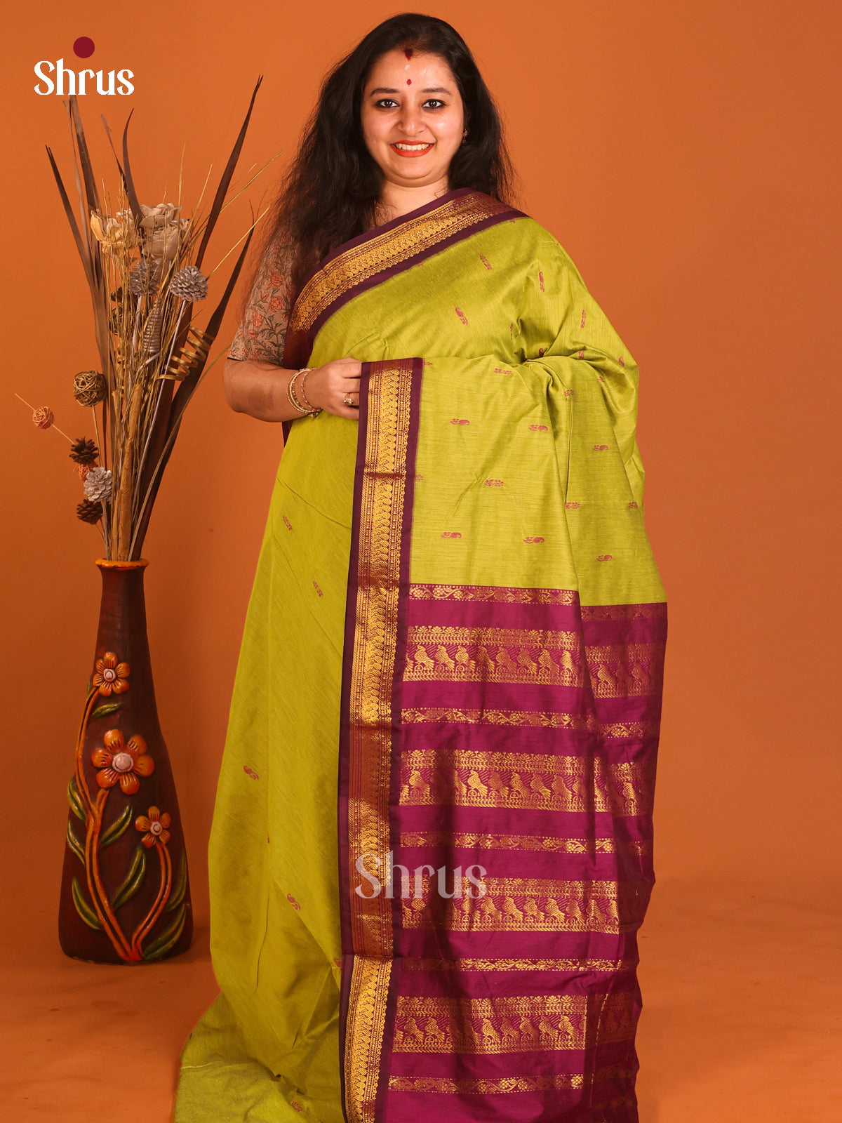 Light Green  & Violet  - Kalyani Cotton Saree - Shop on Shrus.com