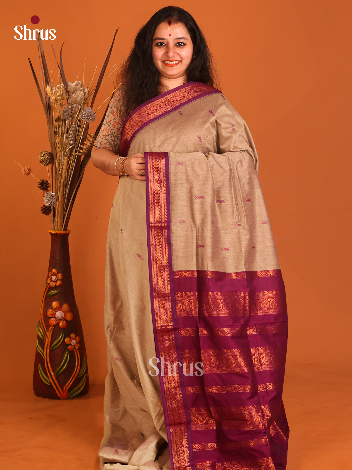 Grey & Purple - Kalyani Cotton Saree - Shop on Shrus.com