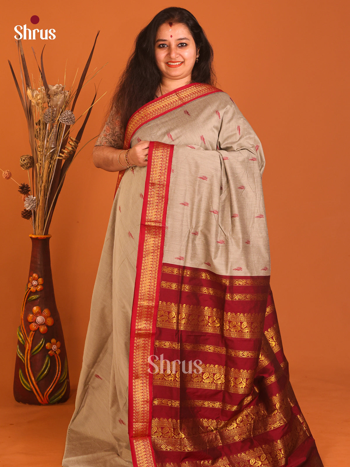 Grey & Maroon - Kalyani Cotton Saree - Shop on Shrus.com