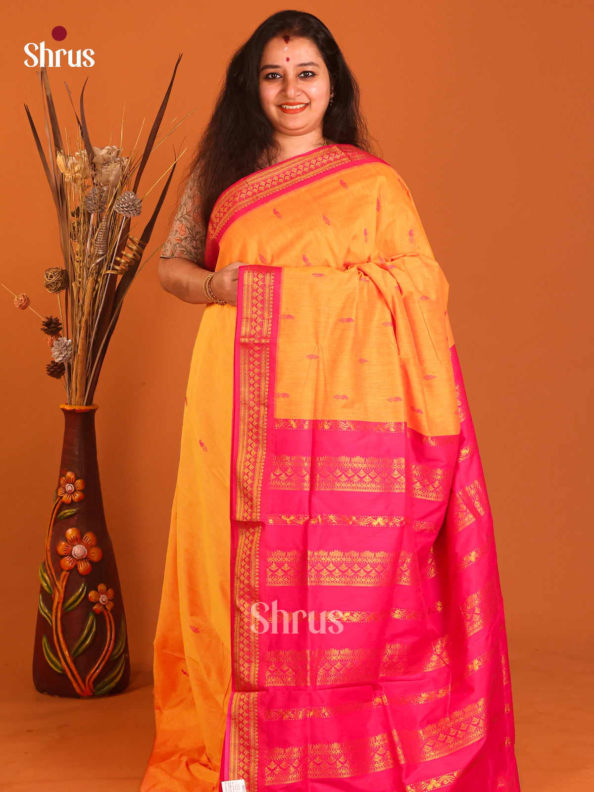 Yellow & Pink - Kalyani Cotton Saree - Shop on Shrus.com