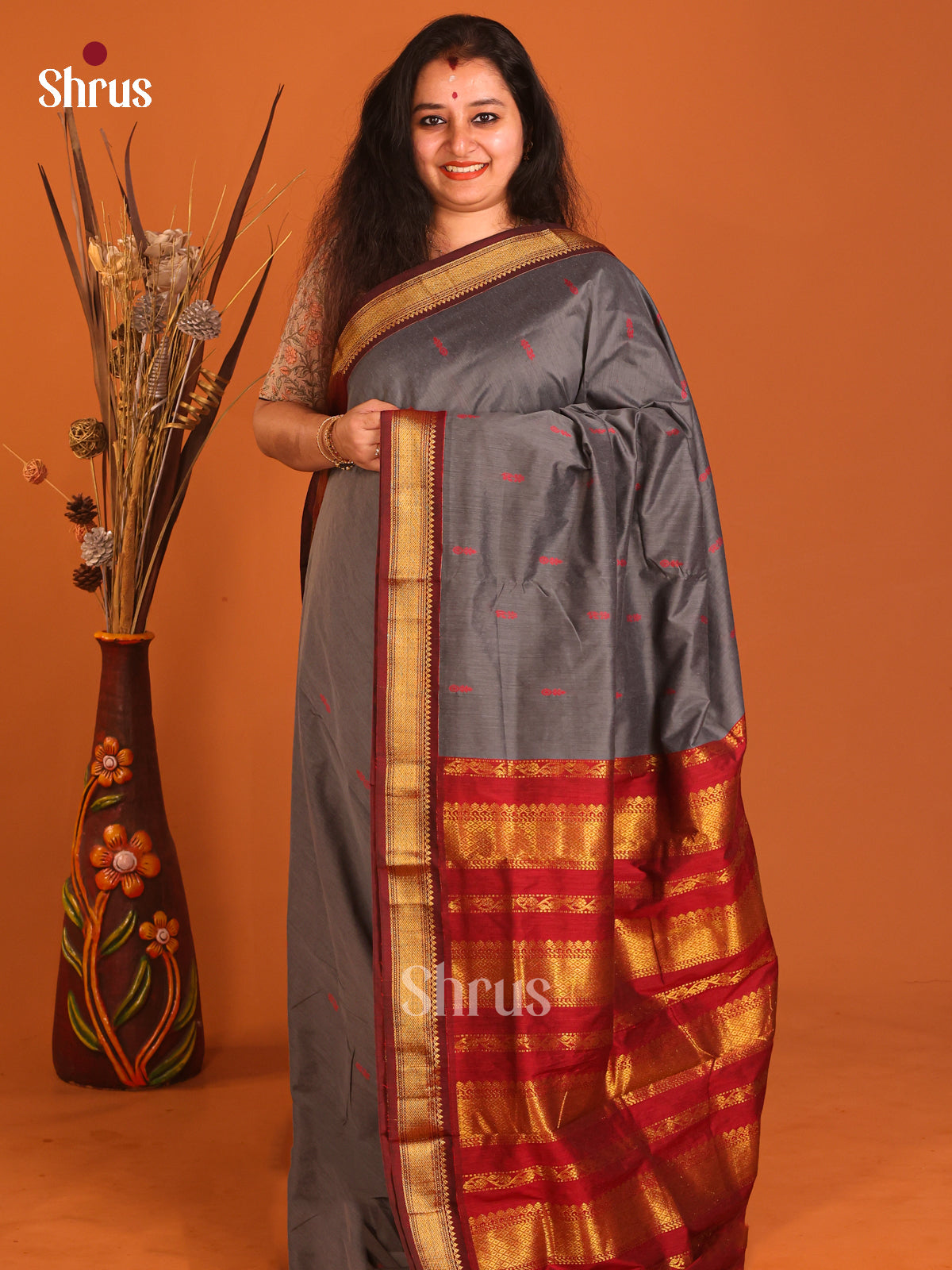 Grey & Maroon - Kalyani Cotton Saree - Shop on Shrus.com