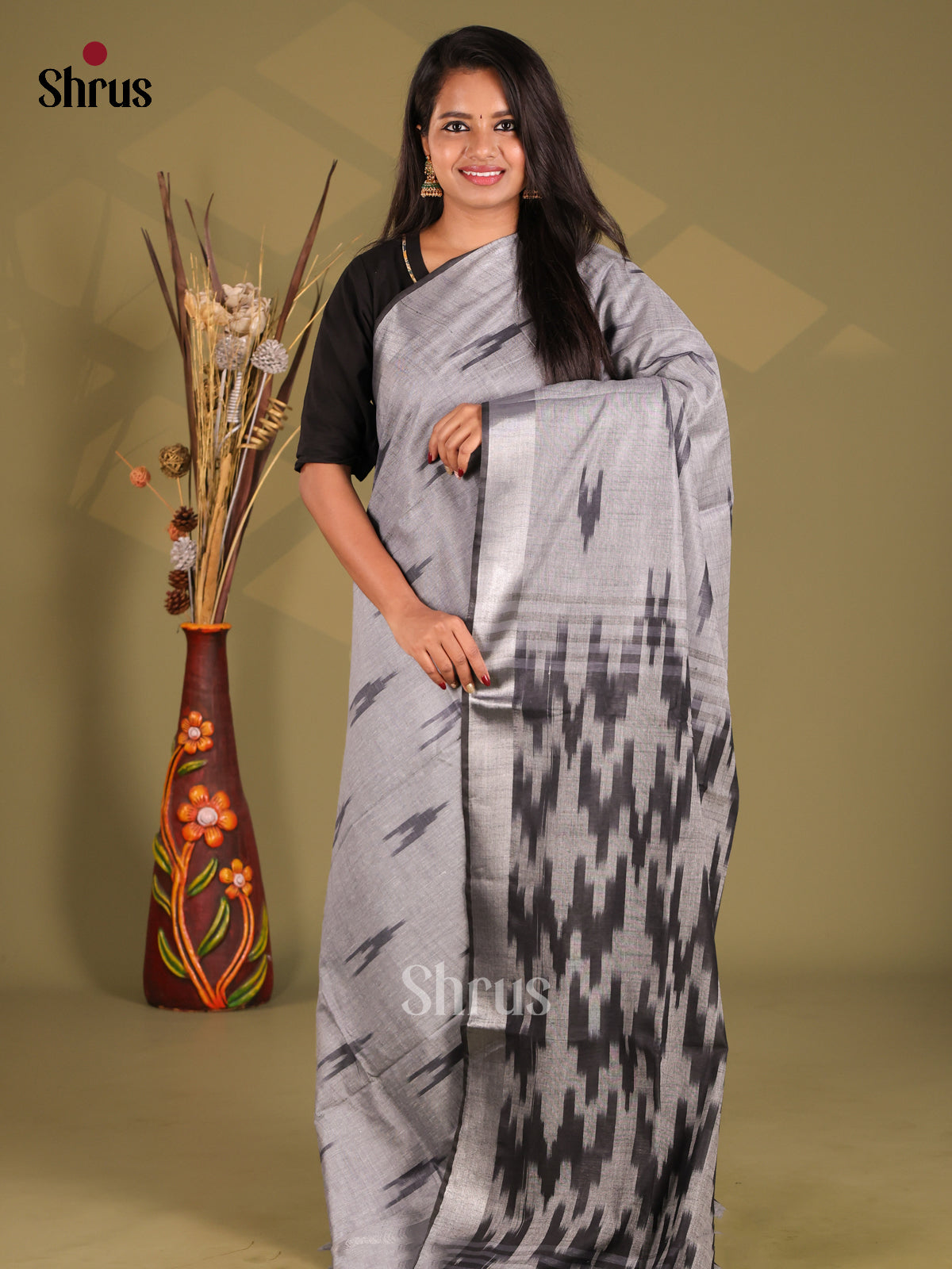 Grey & Black- Semi Ikkat Saree - Shop on Shrus.com