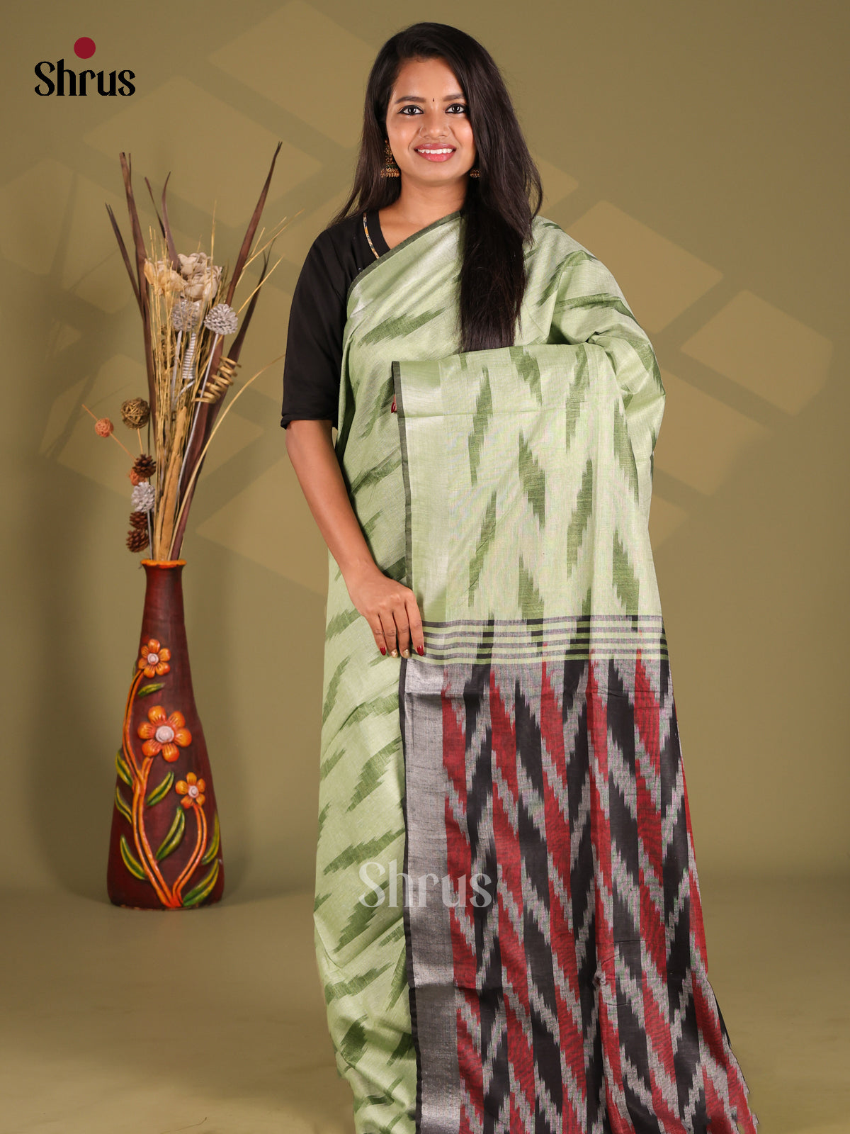 Green & Grey - Semi Ikkat Saree - Shop on Shrus.com