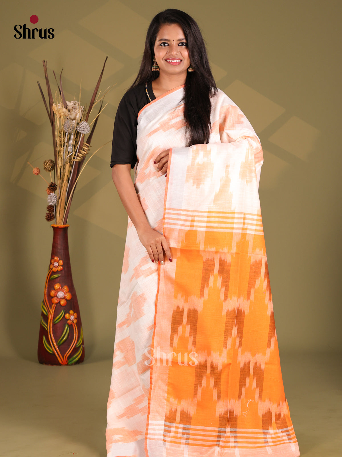 White & Orange - Semi Ikkat Saree - Shop on Shrus.com