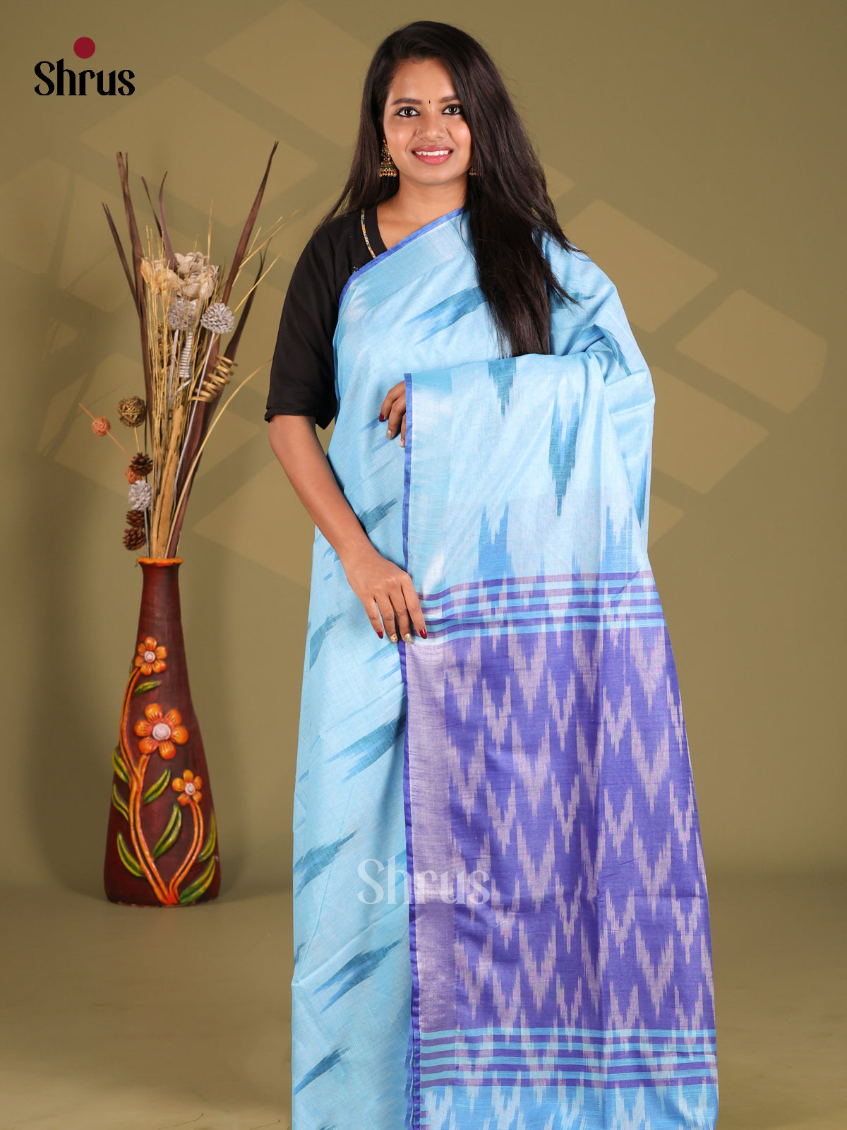 Blue & Purple - Semi Ikkat Saree