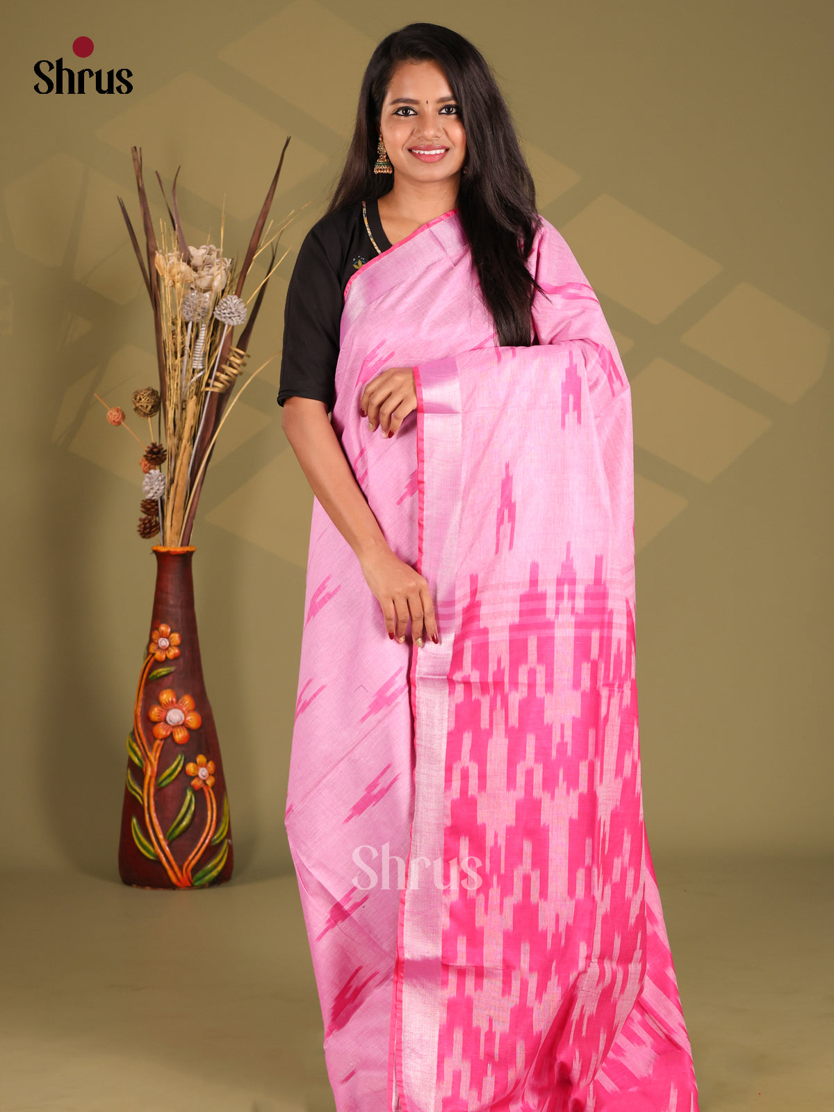 Pink - Semi Ikkat Saree - Shop on Shrus.com