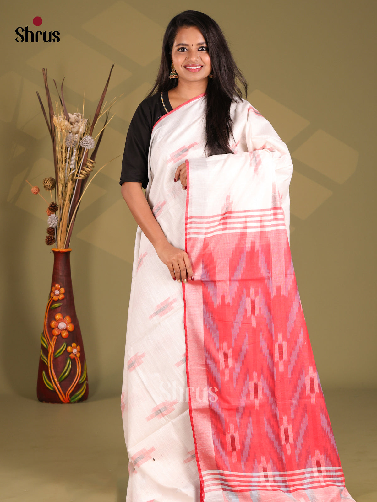 White & Red- Semi Ikkat Saree - Shop on Shrus.com