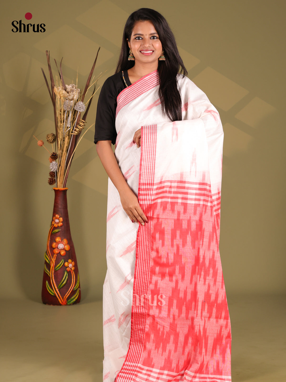White & Red - Semi Ikkat Saree - Shop on Shrus.com